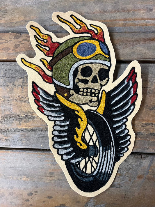 "Speedy" Skull and Winged Wheel Chainstitched patch
