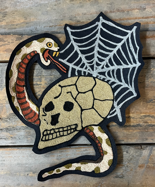 Skull, snake and web chainstitched patch